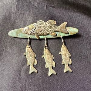 Vintage Brass and Verdi Gris Fisherman’s Hat Pin Badge Brooch